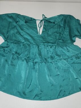 entro Teal Tiered Puff-Sleeve V-Neck Blouse